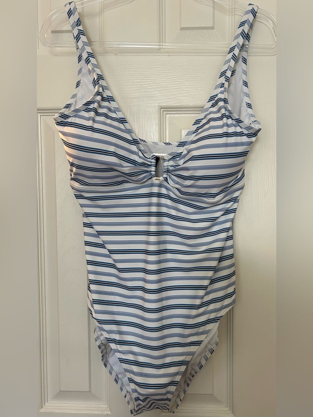 Lauren Ralph Lauren White and Blue Striped One-Piece Swim Suit with Front Ring
